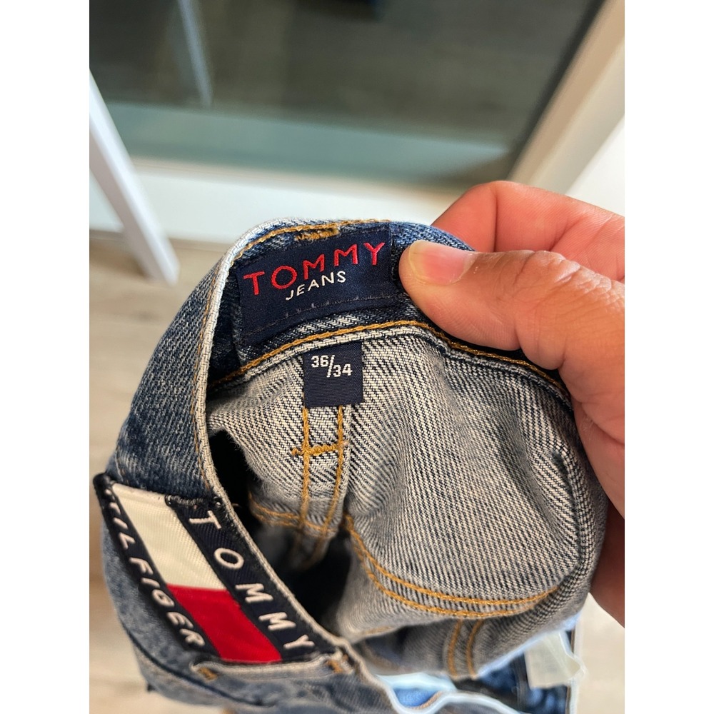 Vintage 90s Tommy Hilfiger Big Flag Patch Jeans Mens 36x34 Straight Leg Blue Den - Picture 11 of 11